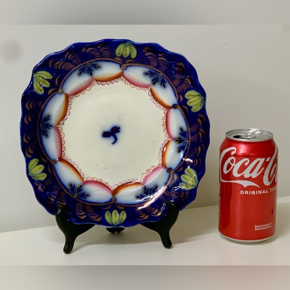 19th Century Gaudy Welsh Ironstone Banana Flow Blue Square Scalloped Plate - Picture 12 of 12